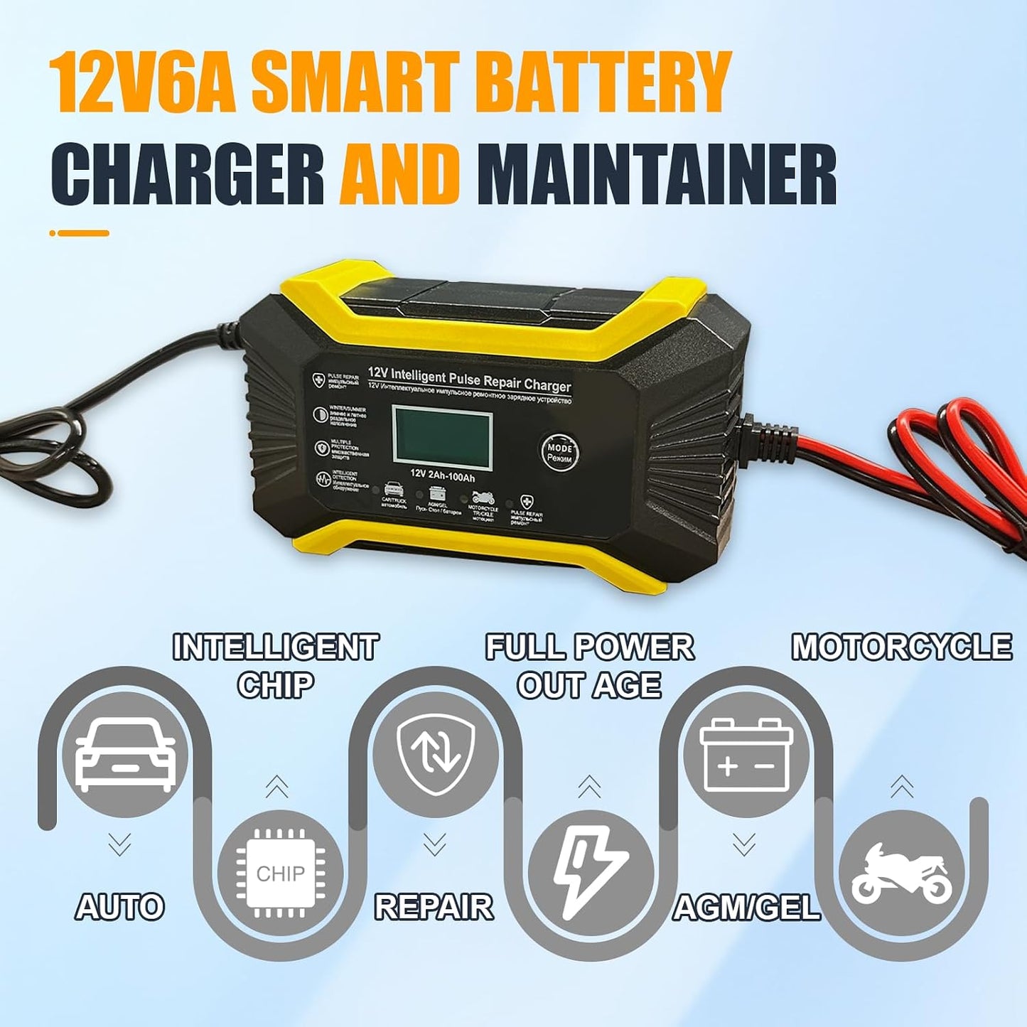 Car Battery Charger, 12V 6A Automatic Smart Battery Trickle Charger with LCD Display, Battery Maintainer Desulfator with Temperature Compensation, Universal for Car, Truck, SUV RV, Boat
