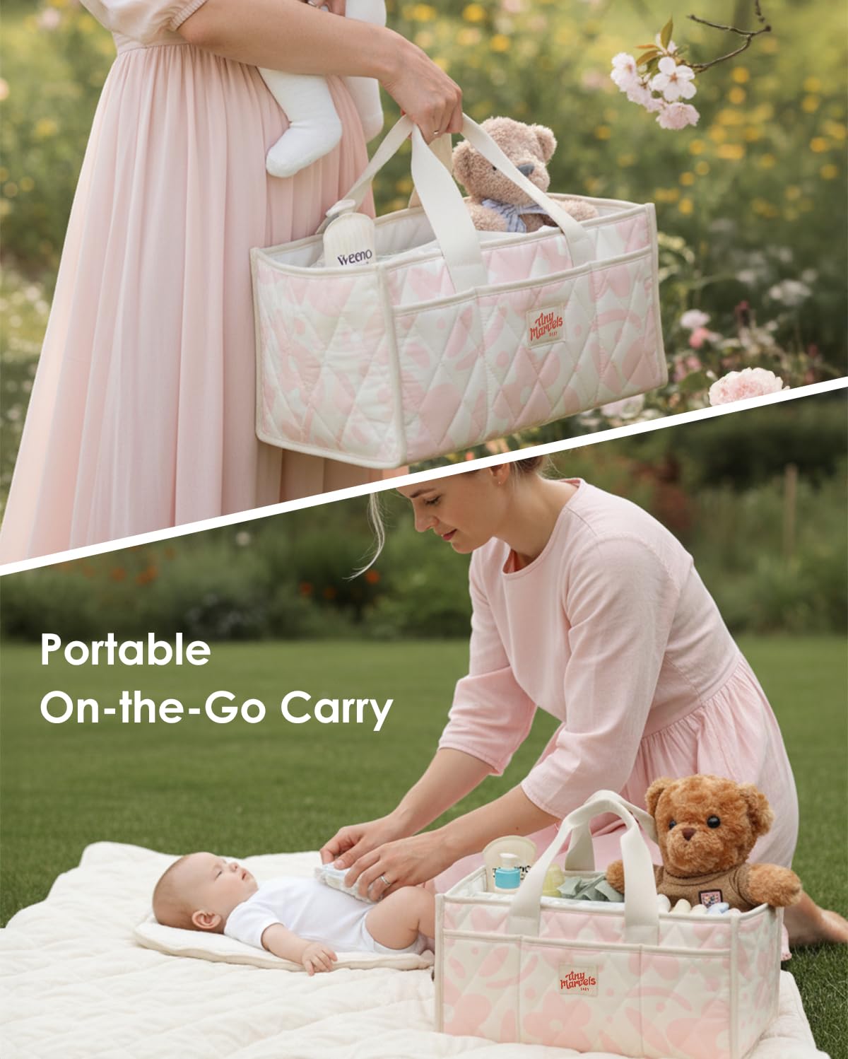 Baby Diaper Caddy Organizer – Nursery Storage Basket with Portable Handle & Removable Divider, Stylish Diaper Caddy for Changing Table, Couch, Car, Newborn Essentials Registry Search Must Haves