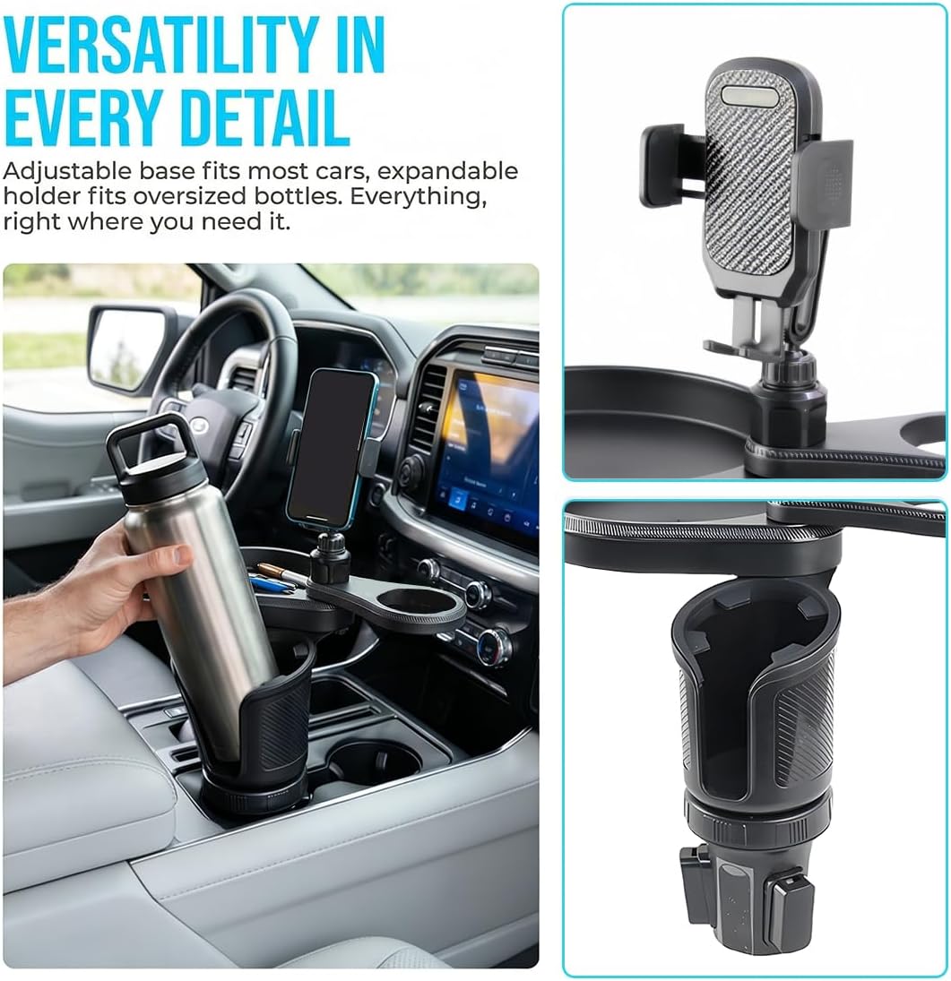 Car Cup Holder Tray, 3 in 1 Multifunctional Vehicle Food Water Bottle Phone Holder Expander Adapter with Adjustable Base, Detachable Auto Interior Food Tray Table, Universal Fit (Carbon Fiber)