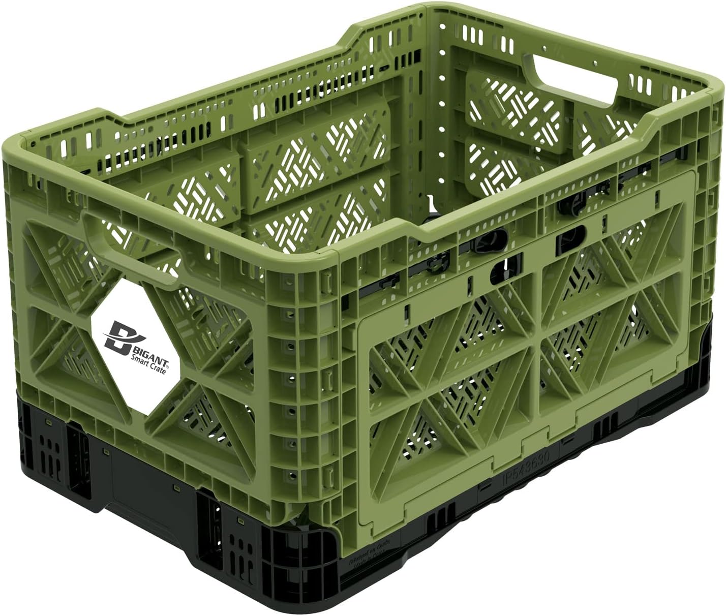 Bigant Heavy Duty Collapsible & Stackable Plastic Milk Crate-Medium Size, Olive, Stackable Open Front Organizer, Set of 1, Snap Lock Foldable Industrial Garage Storage Bin Container Utility Basket