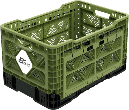 Bigant Heavy Duty Collapsible & Stackable Plastic Milk Crate-Medium Size, Olive, Stackable Open Front Organizer, Set of 1, Snap Lock Foldable Industrial Garage Storage Bin Container Utility Basket