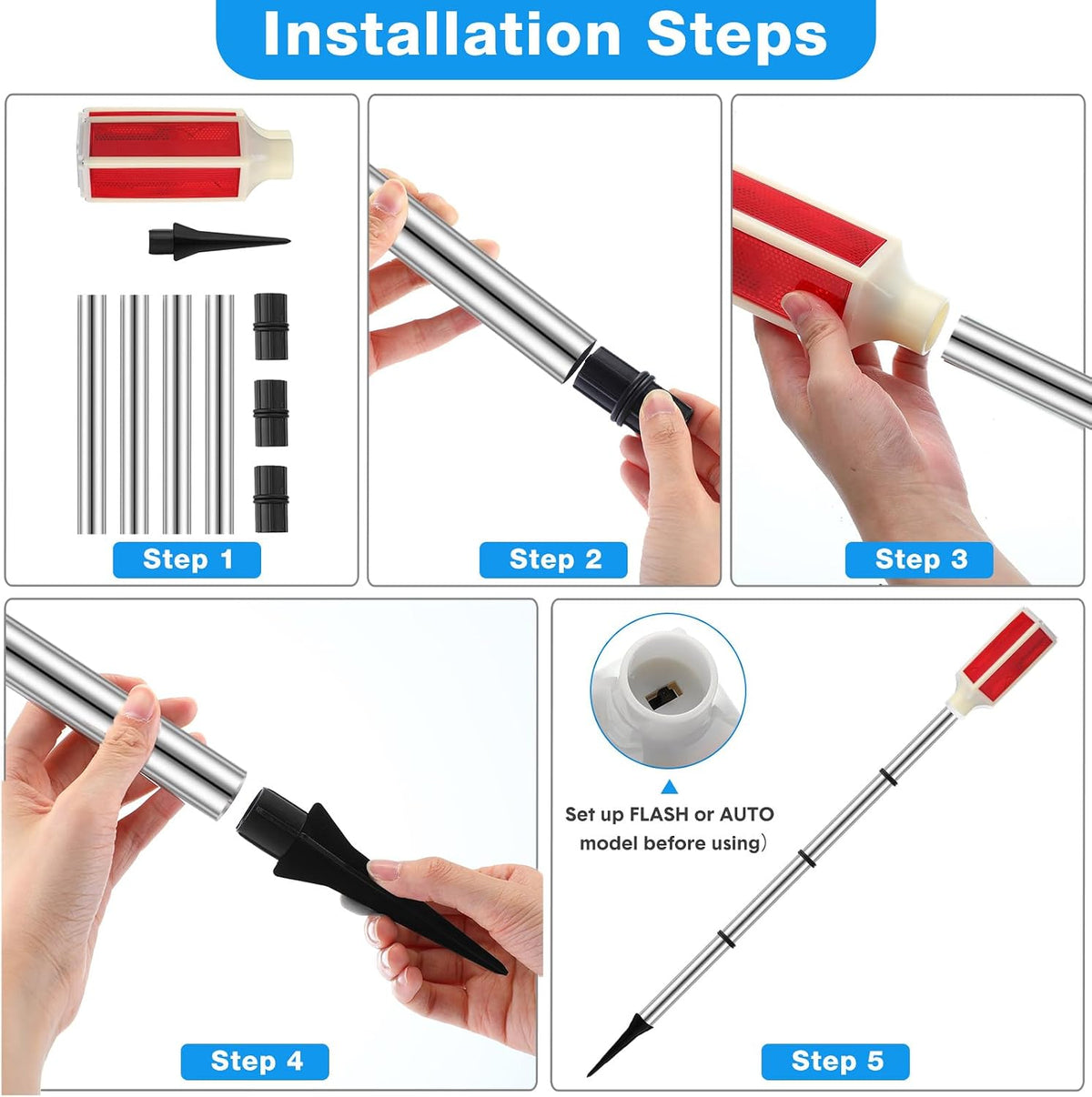 Baquler 10 Pcs Solar Powered Driveway Markers Reflective Driveway Lights Landscape Reflectors with Drill Bit Gloves for Snow Road Outdoor Yard Parking Sidewalk(Red)