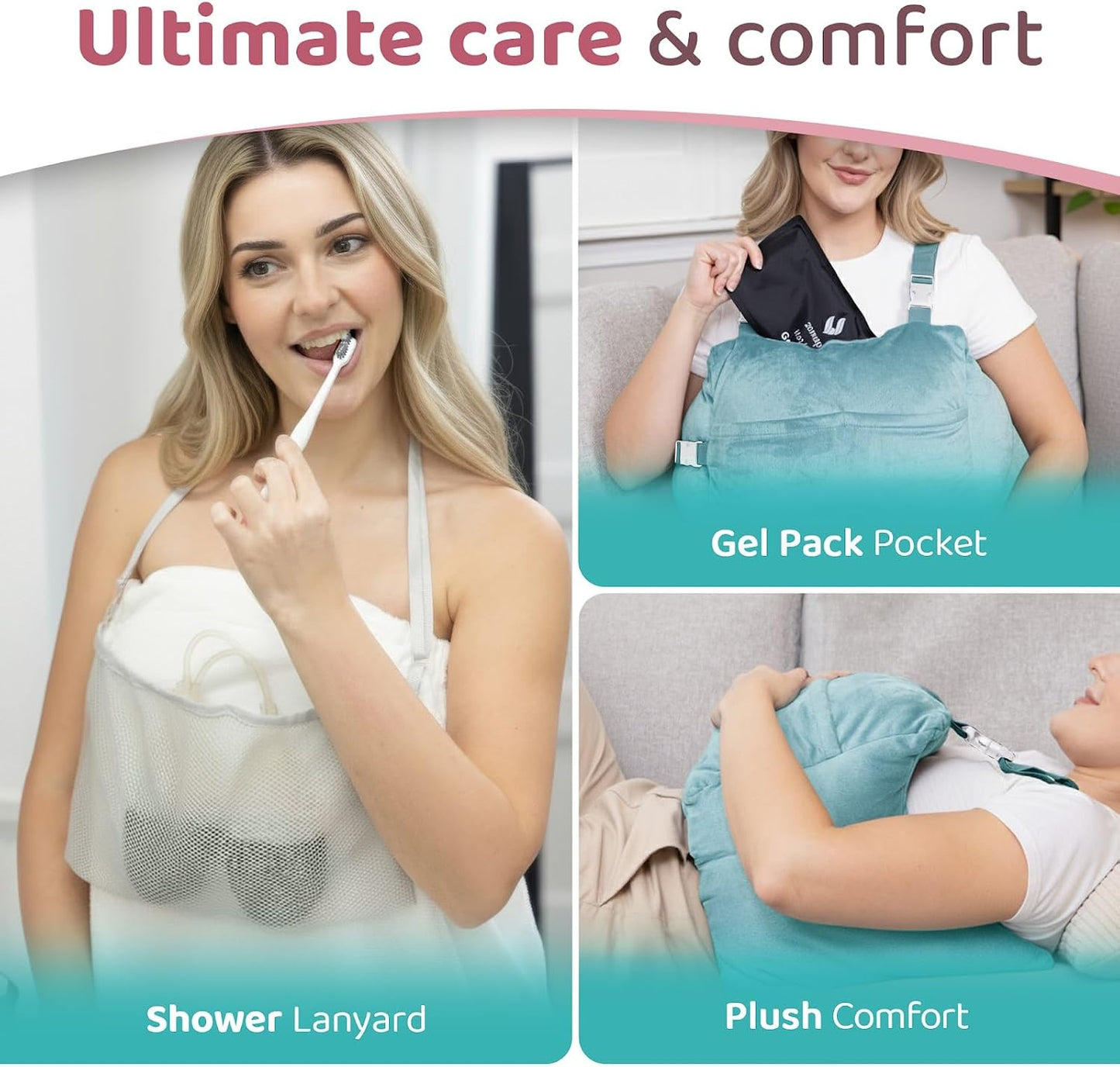 Zomaple Mastectomy Recovery Pillow with Strap, Gel Pack, Seat Belt Cover & Shower Lanyard – Post-Op Essentials, Breast Augmentation/Reduction & Recovery Supplies – Washable Cover for Comfort & Support