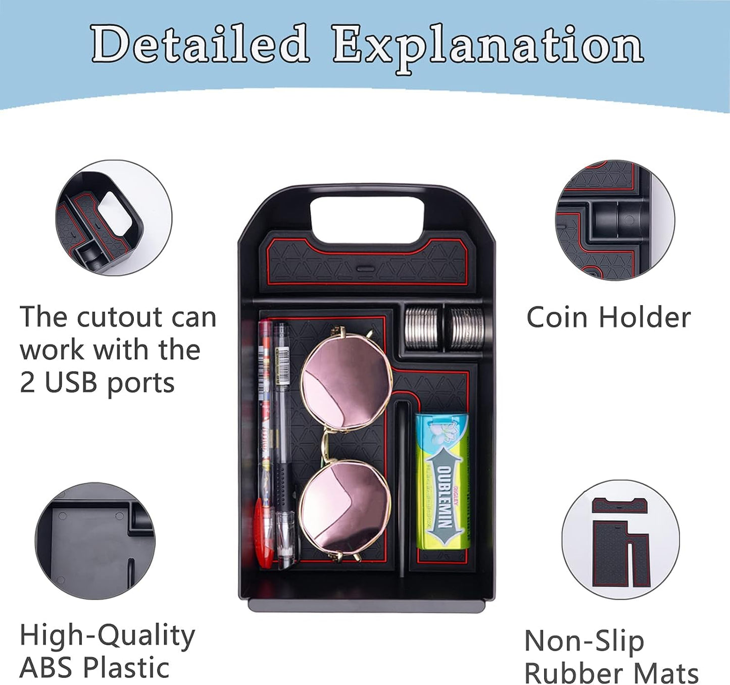 JDMCAR Center Console Tray Organizer Compatible with Toyota RAV4 Accessories 2019-2024 2025 and 2021-2025 RAV4 Prime, Armrest Insert Container ABS Material Secondary Storage Box-Red