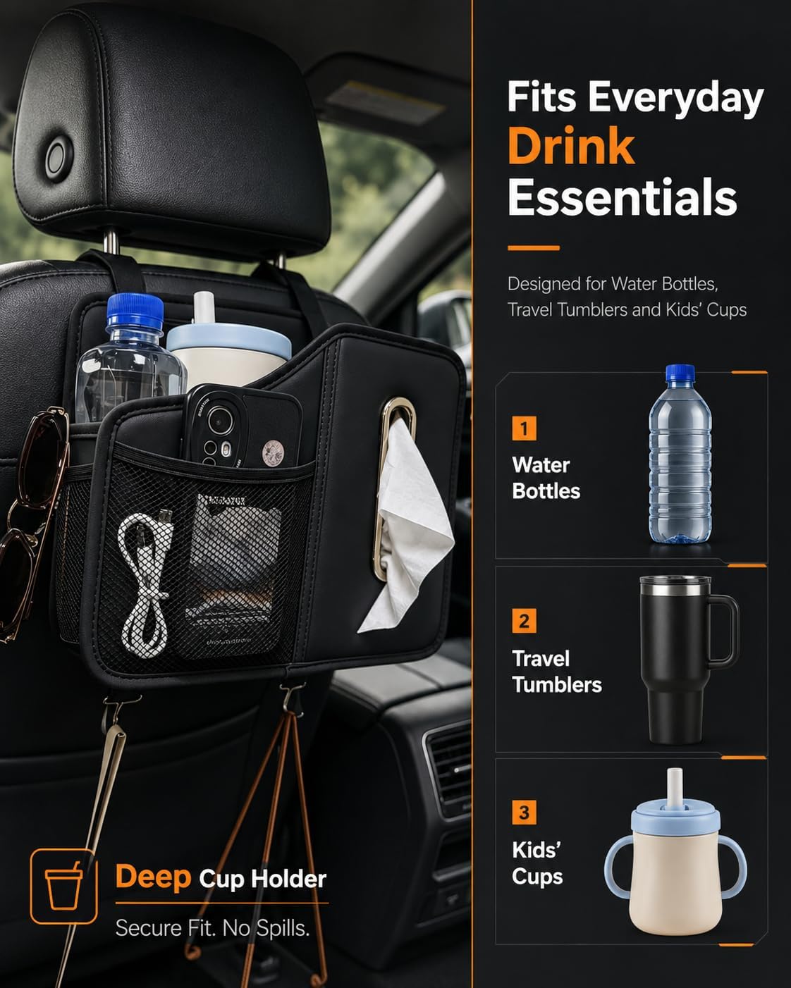 Car Tissue Holder, Leather Back Seat Organizer with Cup Holder & 2 Hooks