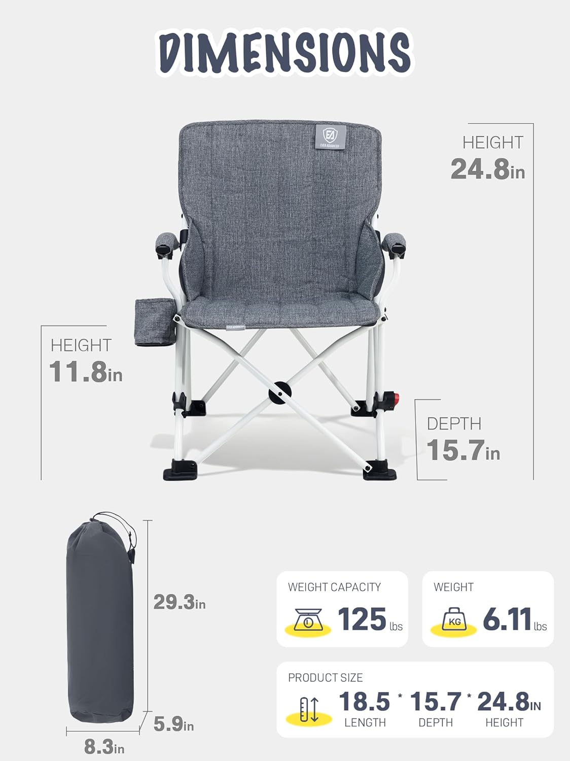 EVER ADVANCED Kids Camping Chairs with Cup Holder, Padded Folding Camping Chair Outdoor with Safety Lock, Carry Bag, Lightweight Portable Camp Chairs for Beach, Balcony, Patio, Supports 150lbs, Grey