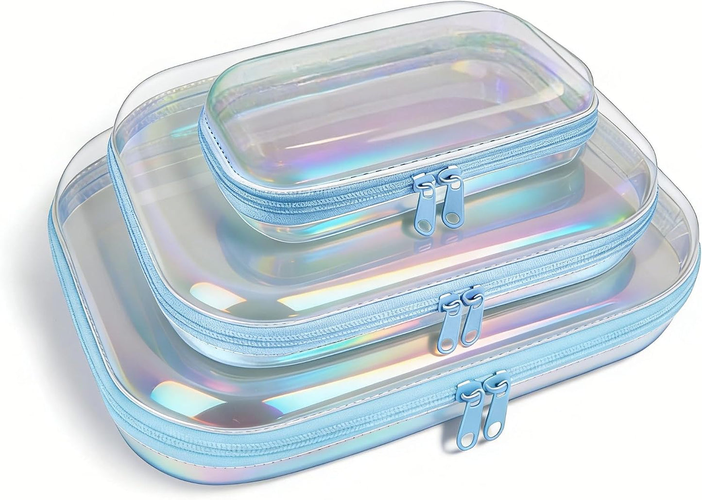 Clear Hard Shell Zipper Case,3PCS Transparent Clear Laser Zipper Pouches,Hard Side Plastic Case Set,Portable Travel Storage Organizer Bins