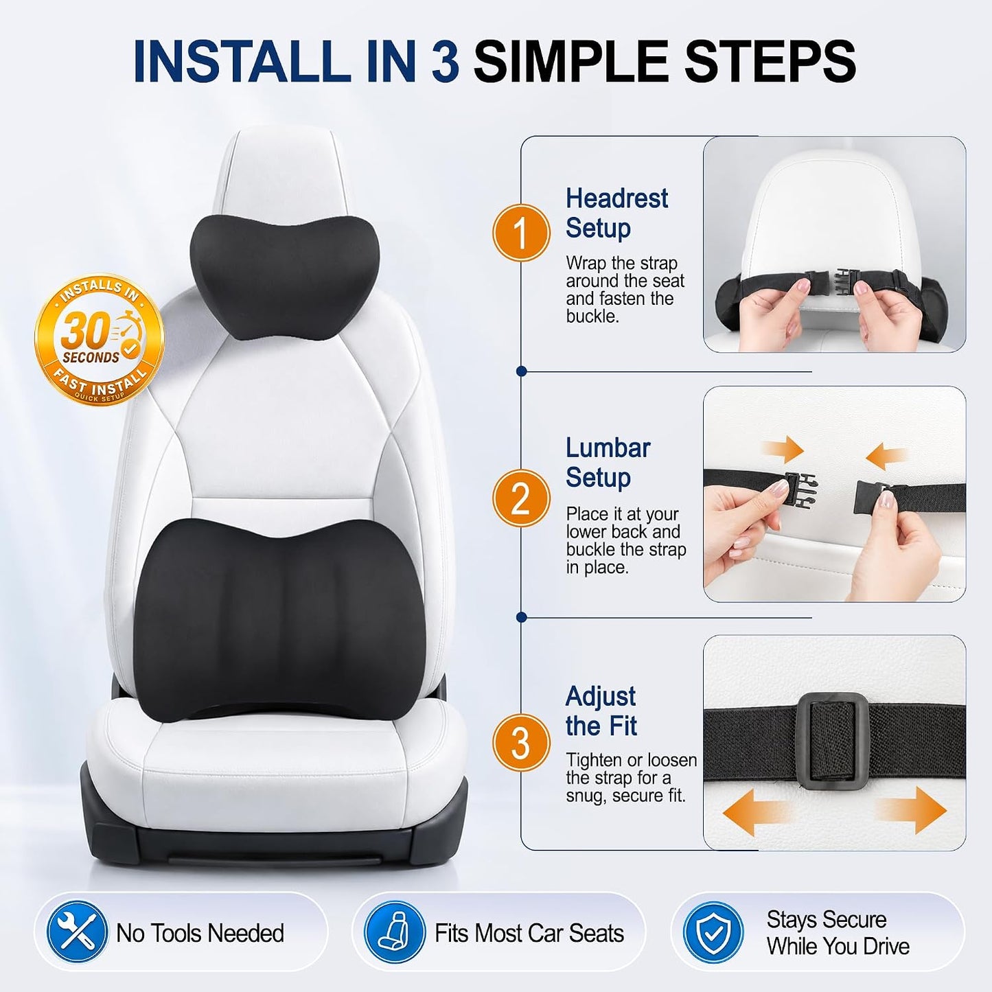 Allaboutsla Lumbar Back Support Pillow for Car, Neck Headrest Pillow Set | Memory Foam Car Neck Support for Driving with Car Back Support, Adjustable Straps, Head Rest Pillow for Cars, Trucks, Black