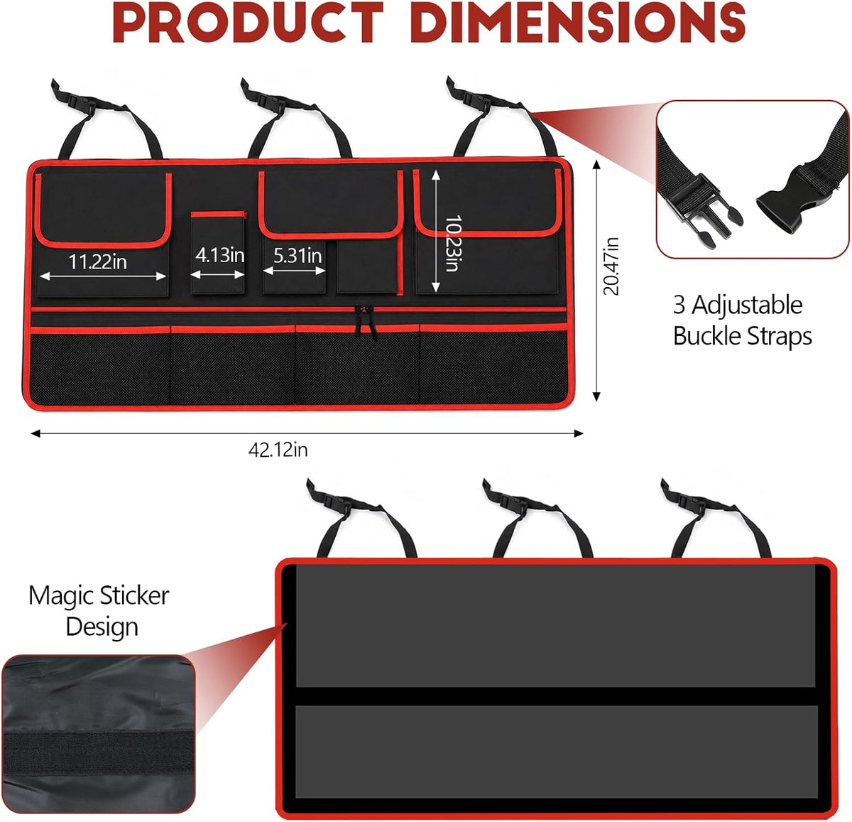 Car Trunk Organizer, Multi-pocket Large Capacity Vehicle Backseat Hanging Storage Bag with Adjustable Straps, Automotive Seat Back Trunk Cargo Organizer Bag for SUV, Car Accessories (Black+Red)