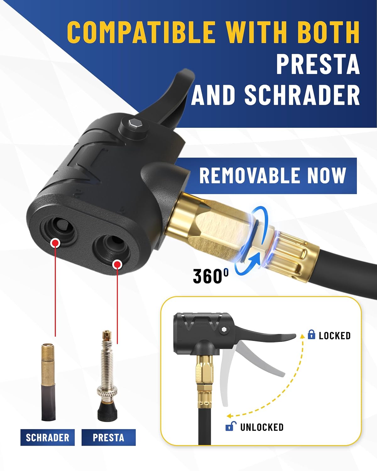 Presta Valve Adaptor Pump with Removable Schrader to Presta Valve Air Chuck