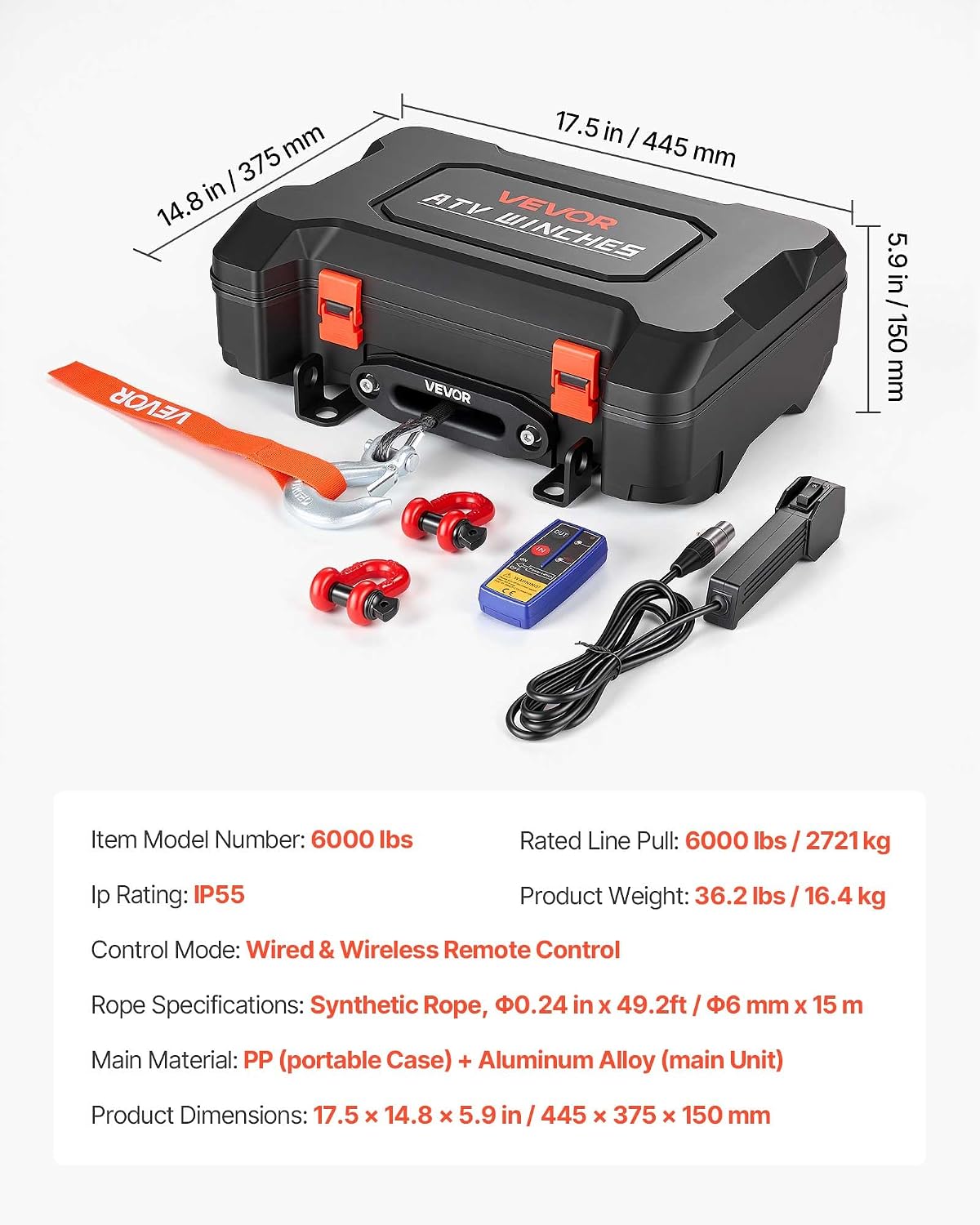 VEVOR Portable Winch, 6000 lbs 12V DC Electric Winch with Synthetic Rope, Wireless & Wired Remotes, Box-Style Recovery Kit with Fairlead, Clevis Hook, Strap for ATV UTV Off-Road Outdoor Pulling Tasks