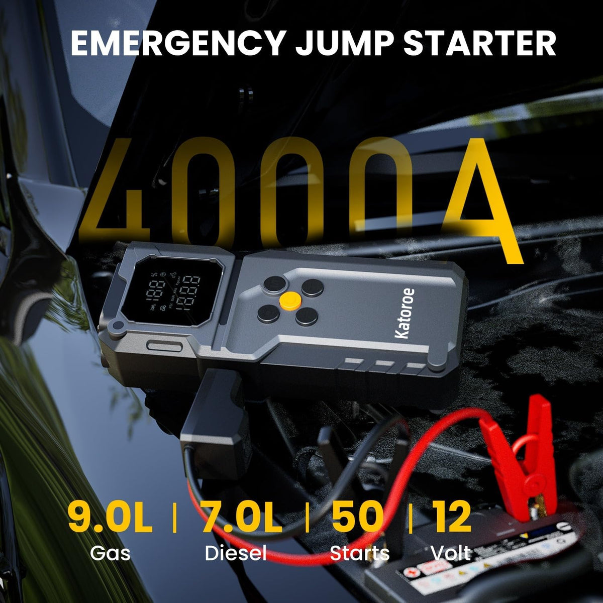 Jump Starter with Air Compressor, Jump Box 4000A Portable Jump Starter (10.0L Gas/8.0L Diesel), 12V Car Battery Jumper Starter with 150PSI Tire Inflator, Display, 3 Mode Flashlight