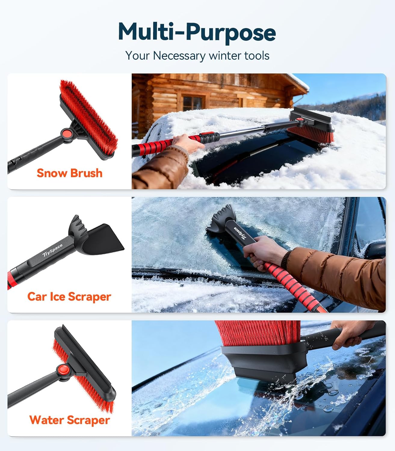 TrySpace All-Around High-Efficiency Cleaning 39 inch Extendable Snow Brush and Ice Scraper with Squeegee, Ice Scrapers for Car Windshield, Truck, SUV Snow Removal Tool, Winter Car Accessories