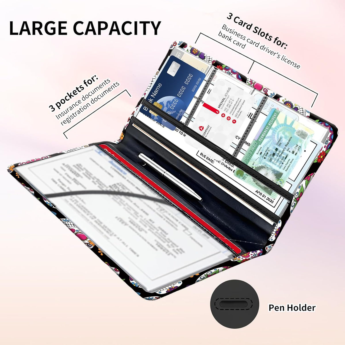 Premium Car Registration and Insurance Card Holder, Cute PU Leather Car Document Holder, Vehicle Glove Box Car Organizer with Magnetic Closure for Driver License, Cards Floral Skull