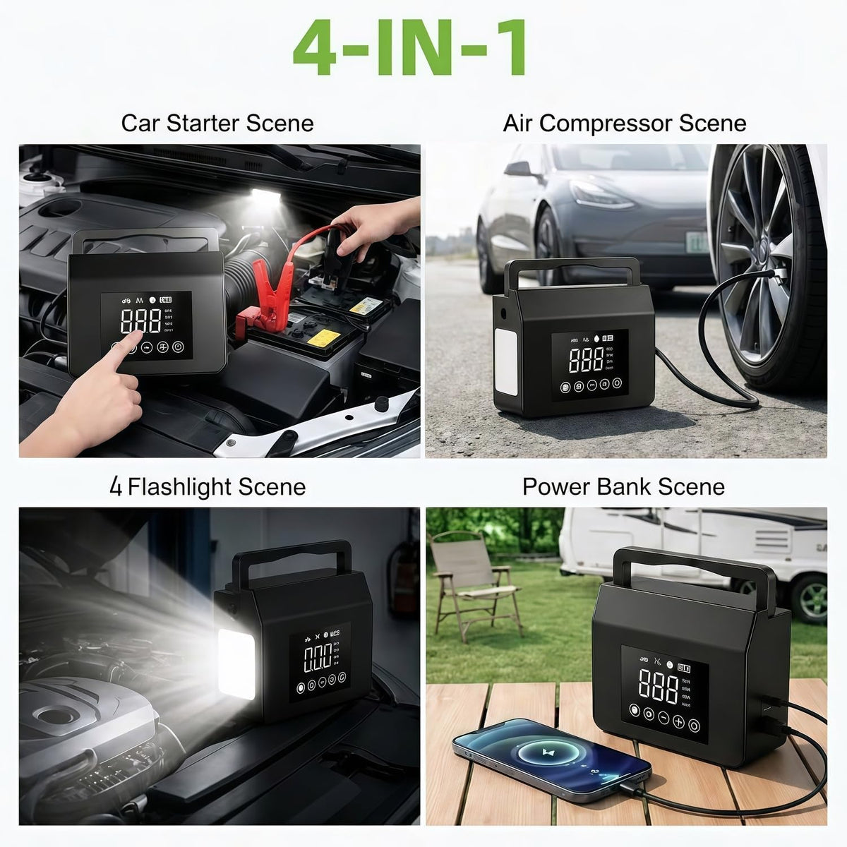 Portable Car Battery Jump Starter with Air Compressor, 4-in-1 Jump Box