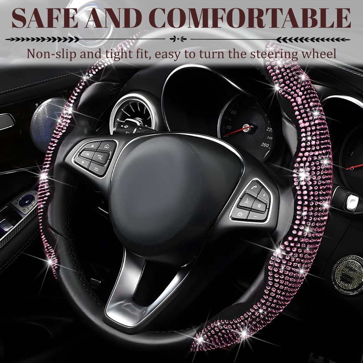 2PCS Rhinestone Segmented Steering Wheel Covers, Pink