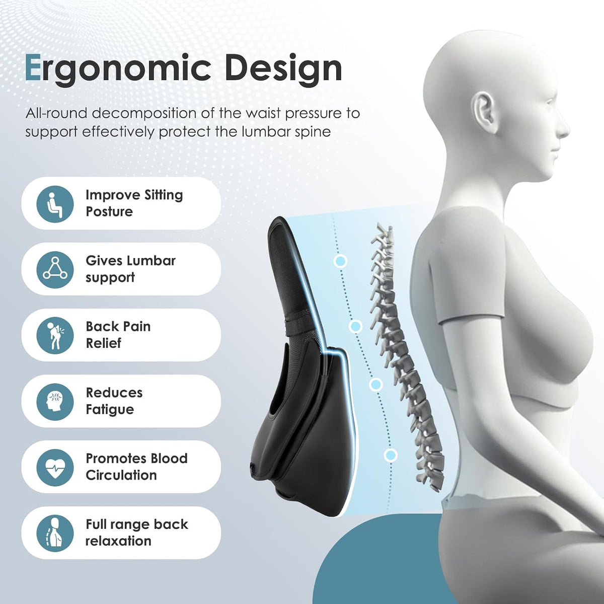 FLORICH Memory Foam Double Layer Breathable Mesh Lumbar Support Ergonomic Leather Lumbar Support Pillow with 3D Mesh Back Support and Adjustable Strap for CarSeat & Office Chair(Black)