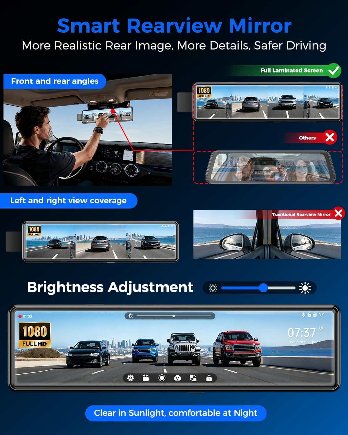 12'' Rear View Mirror Camera,4 Channel Mirror Dash Cam Detached Camera for Cars，1080P Front Rear Left Right Dash Camera for Car with 128GB Card, Night Vision, G-Sensor