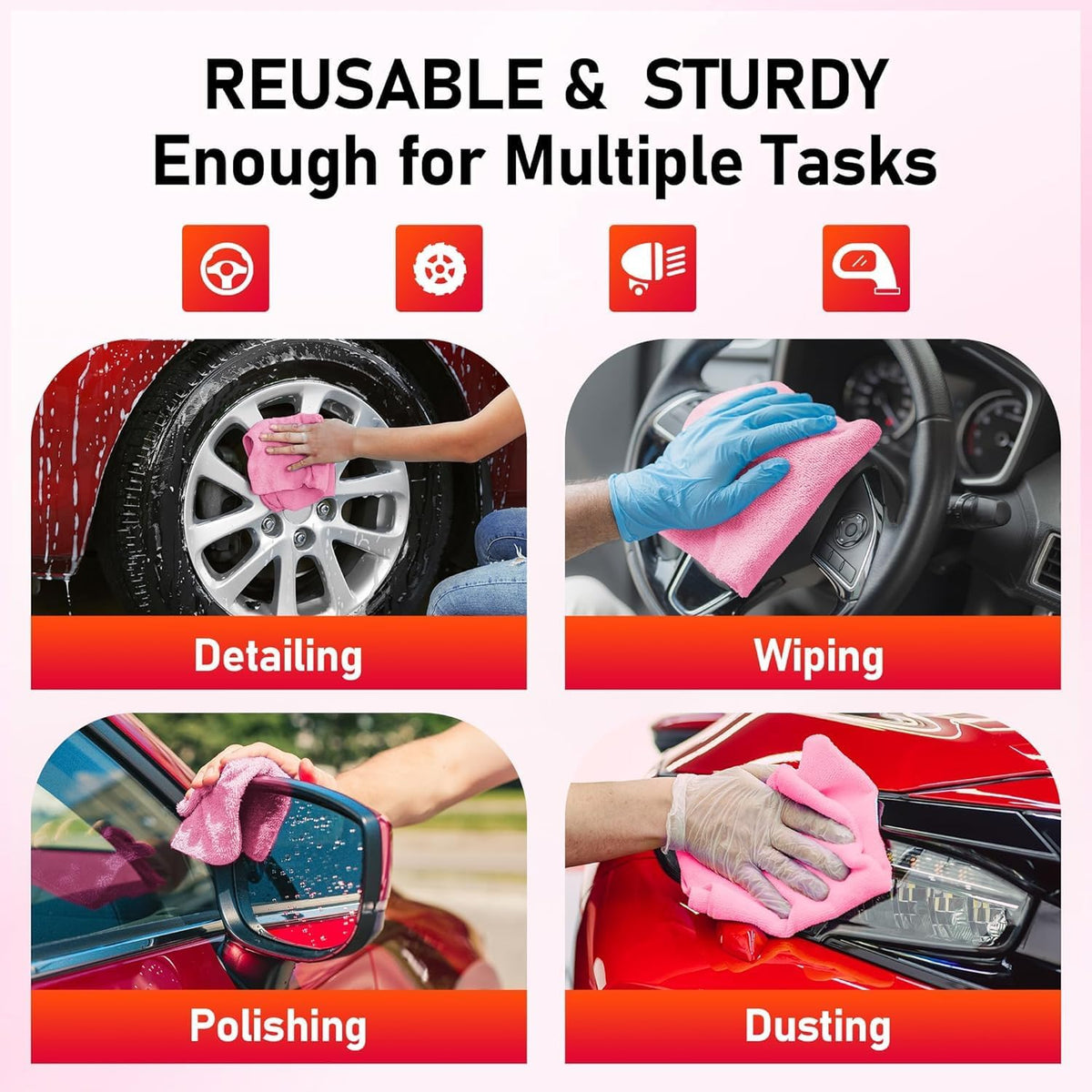 Microfiber Cleaning Cloth, 150 Sheets Tear Away Shop Towels, Reusable Washable Microfiber Towels for Cars, Lint Free Cleaning Rags for Home, Automotive, Workshop & Garage 11.5"x11.5" Pink