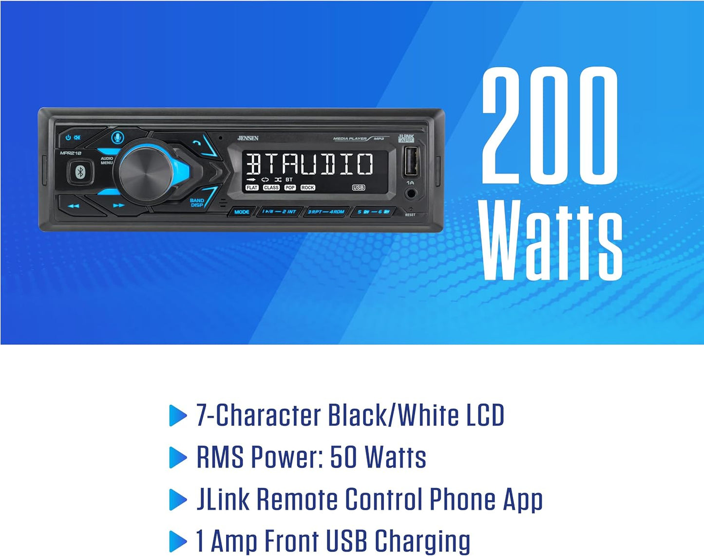 Jensen MPR210 Single DIN Bluetooth Car Stereo, Hands-Free, AM/FM, USB | Bluetooth hands-free calling and streaming, push-to-talk assistant, USB playback and charging