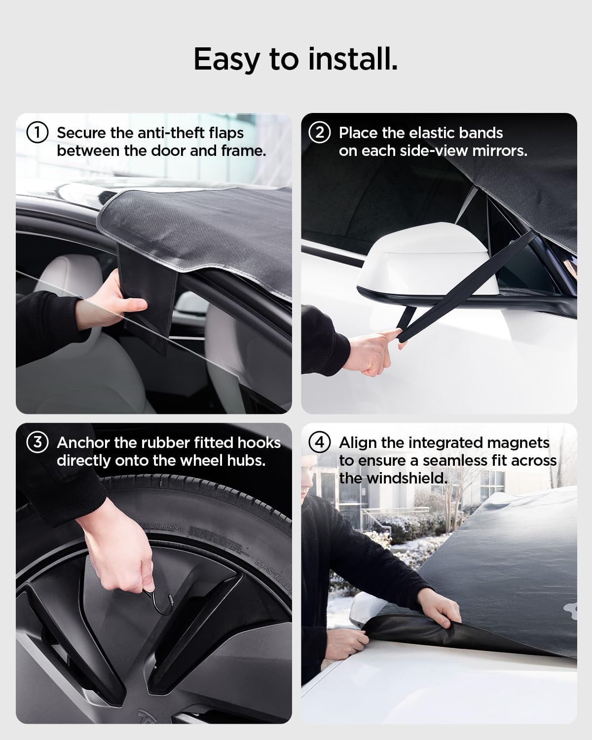 Spigen Magnetic Windshield Protector Cover for Cars – Shields Leaves, Pollen, Sap with Full Windshield Coverage, Waterproof Foldable Summer Sun Visor, Fits Tesla Model Y Juniper & 3 Highland