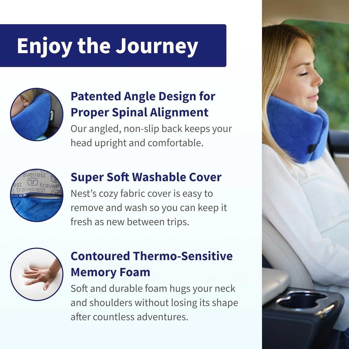 TRAVELREST Sleep Neck Pillow Travel - Travel Essentials, Memory Foam, Neck Support Pillow for Long Flight, Plane Sleeping Accessories, Anti-Slip and Comfortable, Washable, Attaches to Luggage - Blue