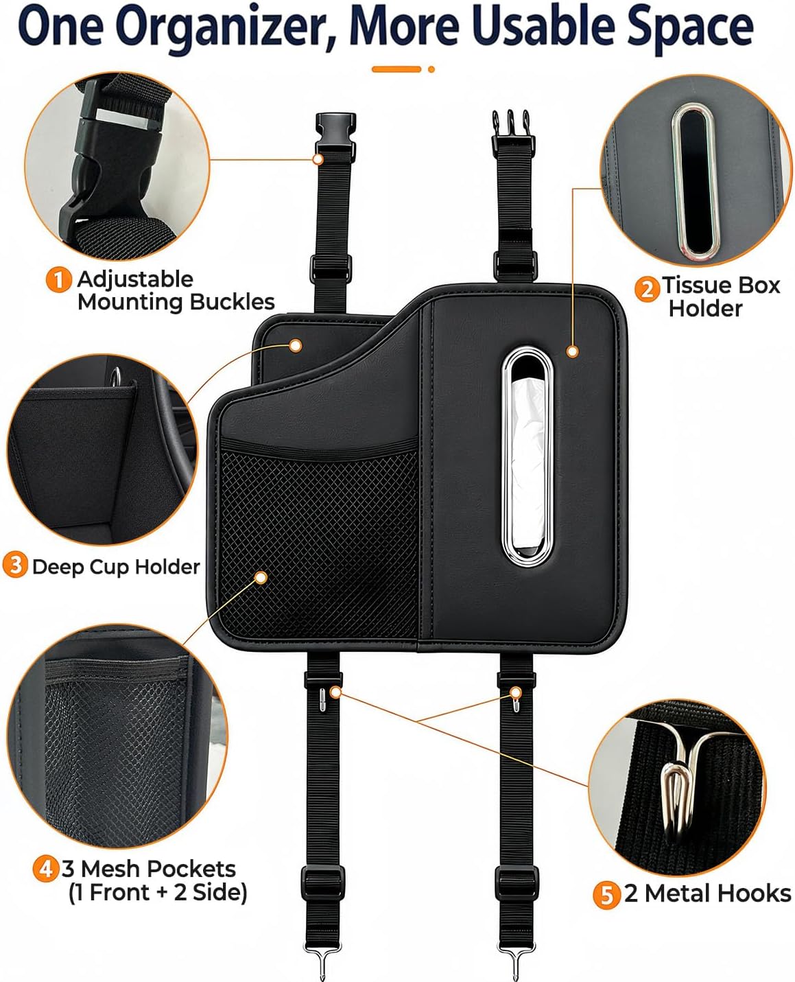 Car Tissue Holder, Leather Back Seat Organizer with Cup Holder & 2 Hooks