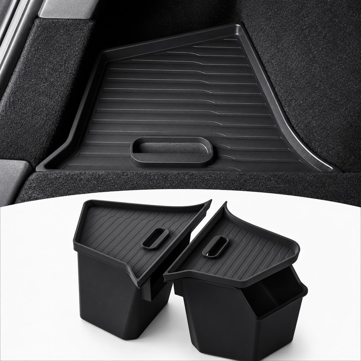PUOENI New 2025 2026 Model Y Juniper Rear Trunk Storage Bins with Lids 2PCS Refresh Model Y Rear Trunk Storage Box TPE Waterproof Trunk Organizer for Model Y Juniper Interior Accessories