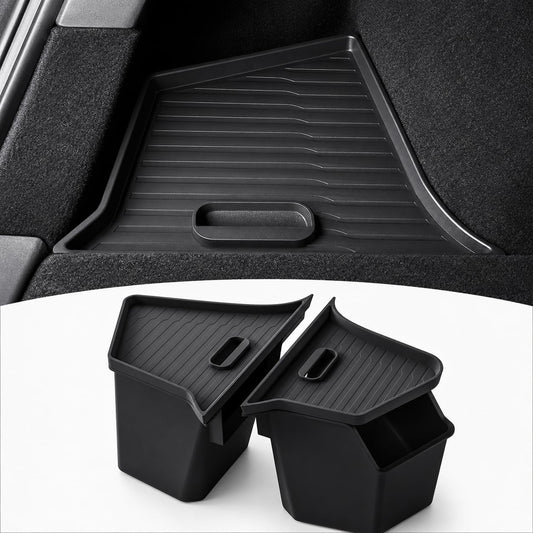 PUOENI New 2025 2026 Model Y Juniper Rear Trunk Storage Bins with Lids 2PCS Refresh Model Y Rear Trunk Storage Box TPE Waterproof Trunk Organizer for Model Y Juniper Interior Accessories