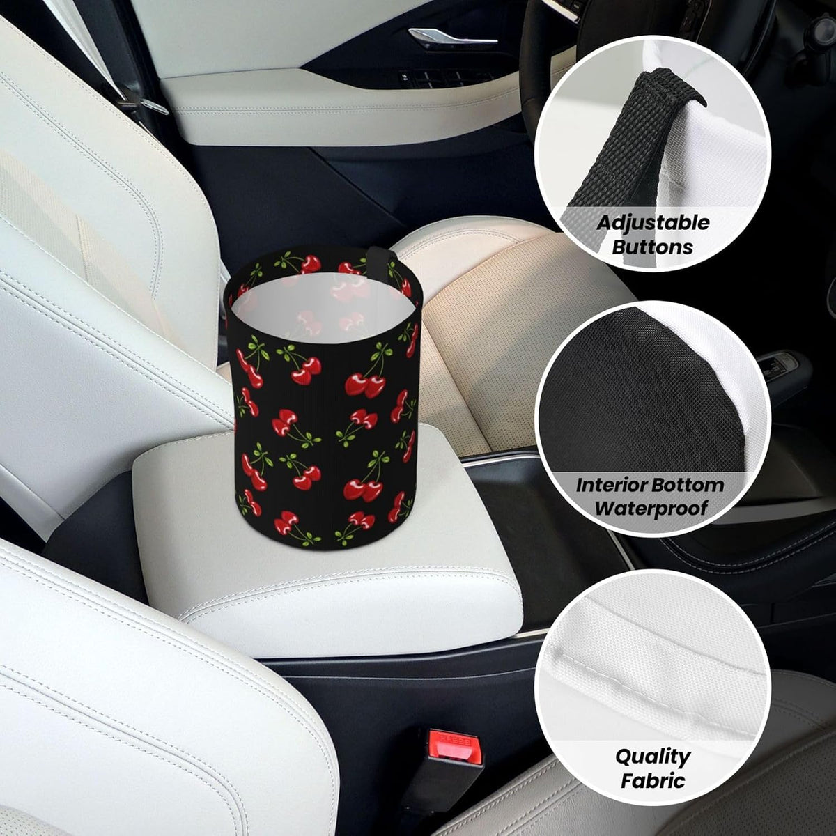 Red Cherry Hearts Car Trash Can 1 Hanging Trash Bag+2 Car Cup Coasters Set