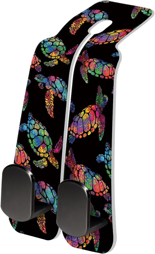 PU Leather Car Seat Hook, Storage Headrest Hanger, Cute Car Backseat Organizer, Car Hooks For Purses and Bags Rainbow Sea Turtles