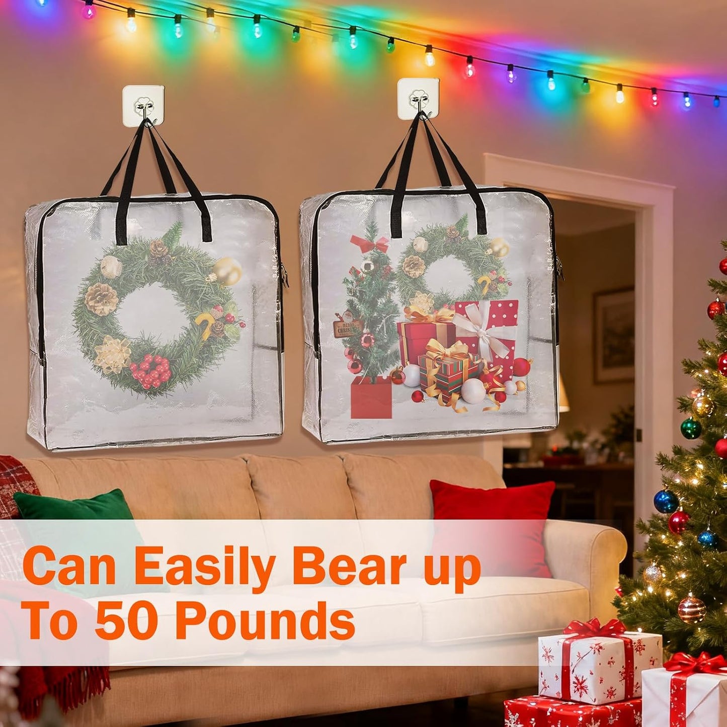3-Pack 25-Inch Wreath Organizers for Christmas and Holiday Storage | Three clear storage bags hold wreaths and seasonal decor with reinforced handles, sturdy zippers and foldable design.