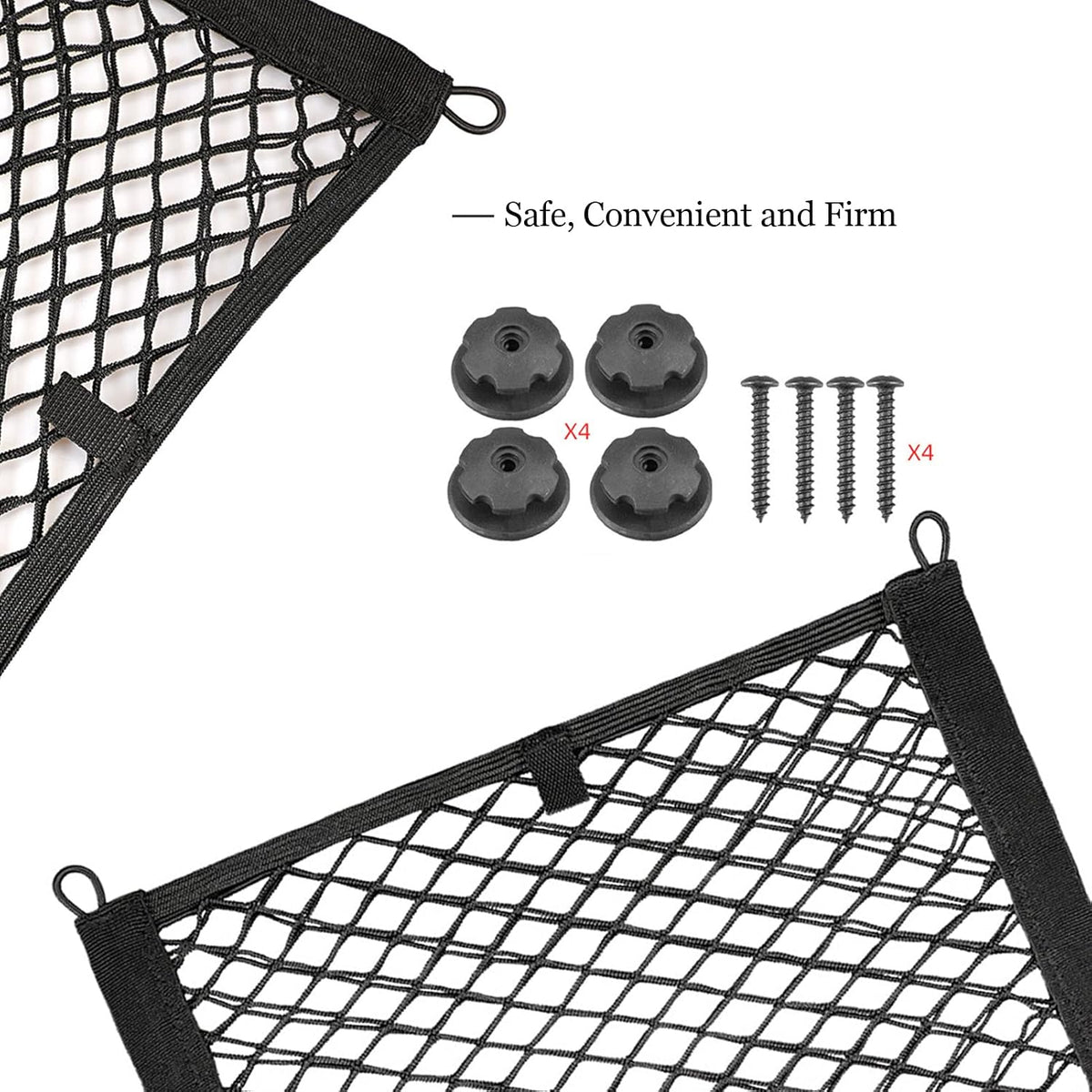 2 Pack Universal Mesh Cargo Net，BetterJonny Stretchable Elastic Automotive Cargo Nets with 8 Pieces Mounting Screws and Hooks for Car Trunk Storage Mesh Pocket Net(24 x 9.8 Inches)