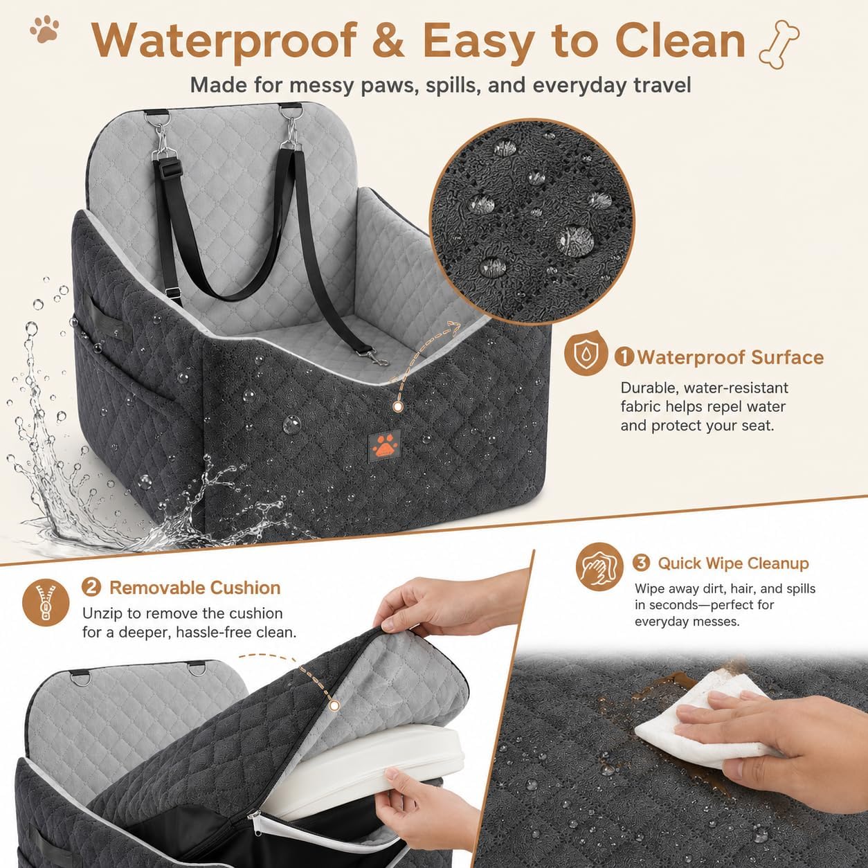 Dog Car Seats for Small/Medium Dogs, Puppy Car Seat with Side Opening, Thick Cushion, Detachable Washable Dog Carseat with Storage Pockets for Dogs Up to 35lbs (Grey)