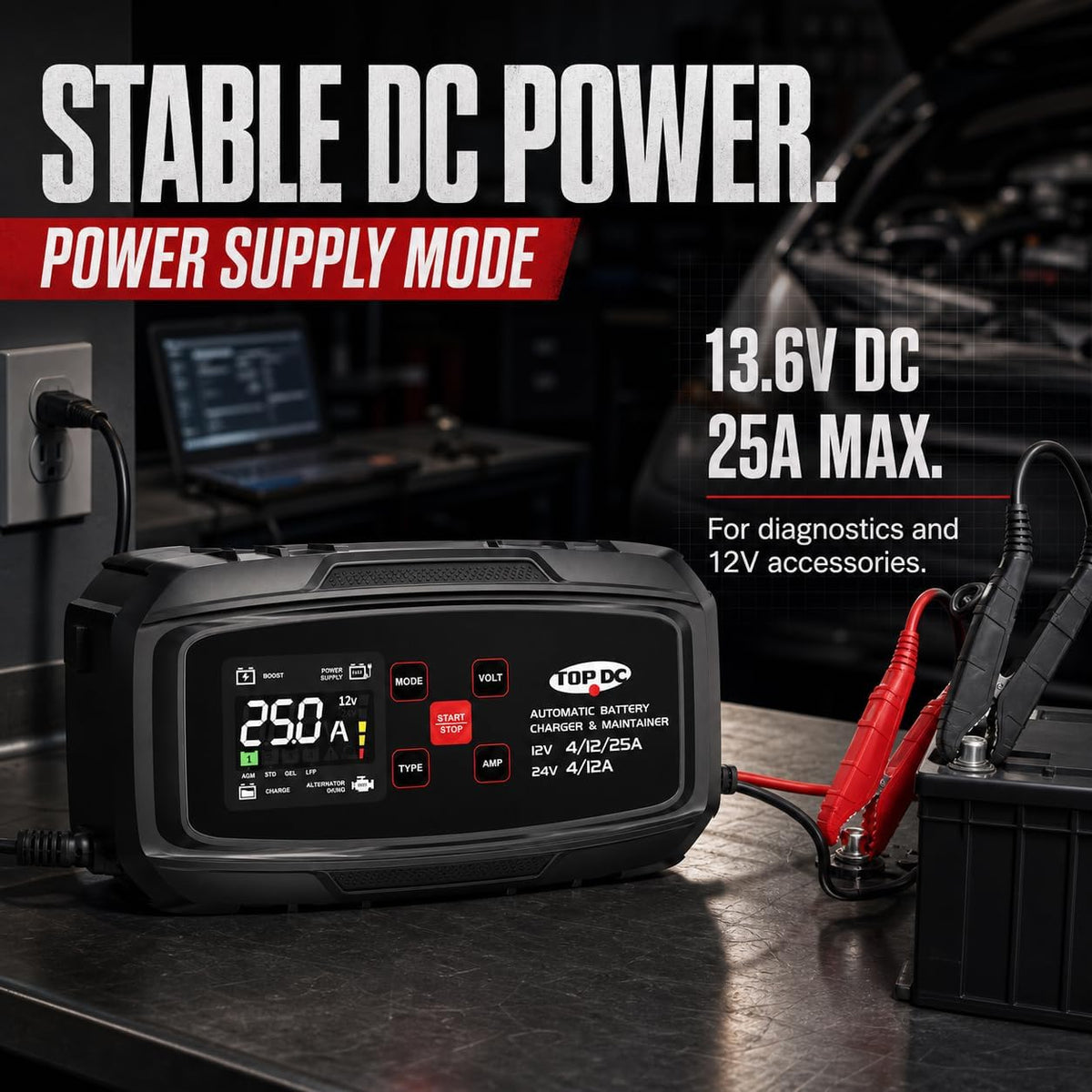 TOPDC 25A 12V/24V Smart Battery Charger & Maintainer for Lead-Acid/LFP