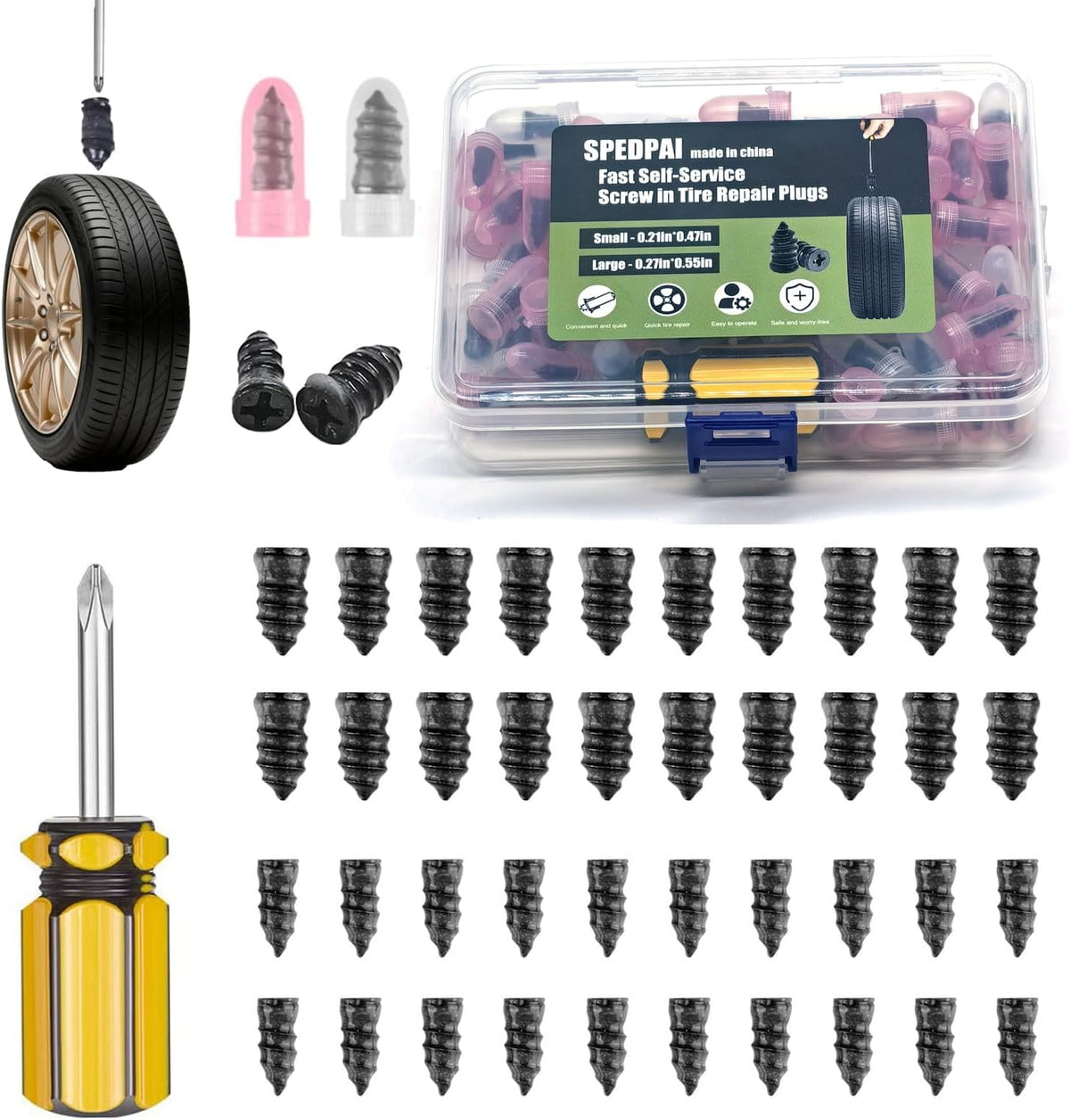 Tire Repair Rubber Nails Kit with 2 Sizes,2026 New Vacuum Screw Type Tire Plug Fast Tool with Screwdriver,Self-Service Screw in Tire Plugs Repair Tools for Car,Motorcycle,Truck,Bikes (60Pcs)