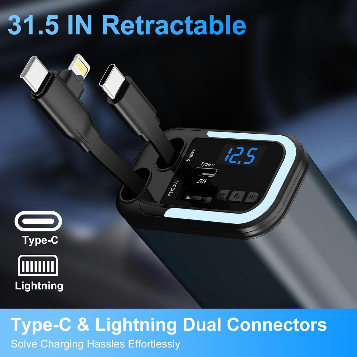 Vitog 5-in-1 120W 30-Minutes Fast Flash Charging Retractable Car Charger