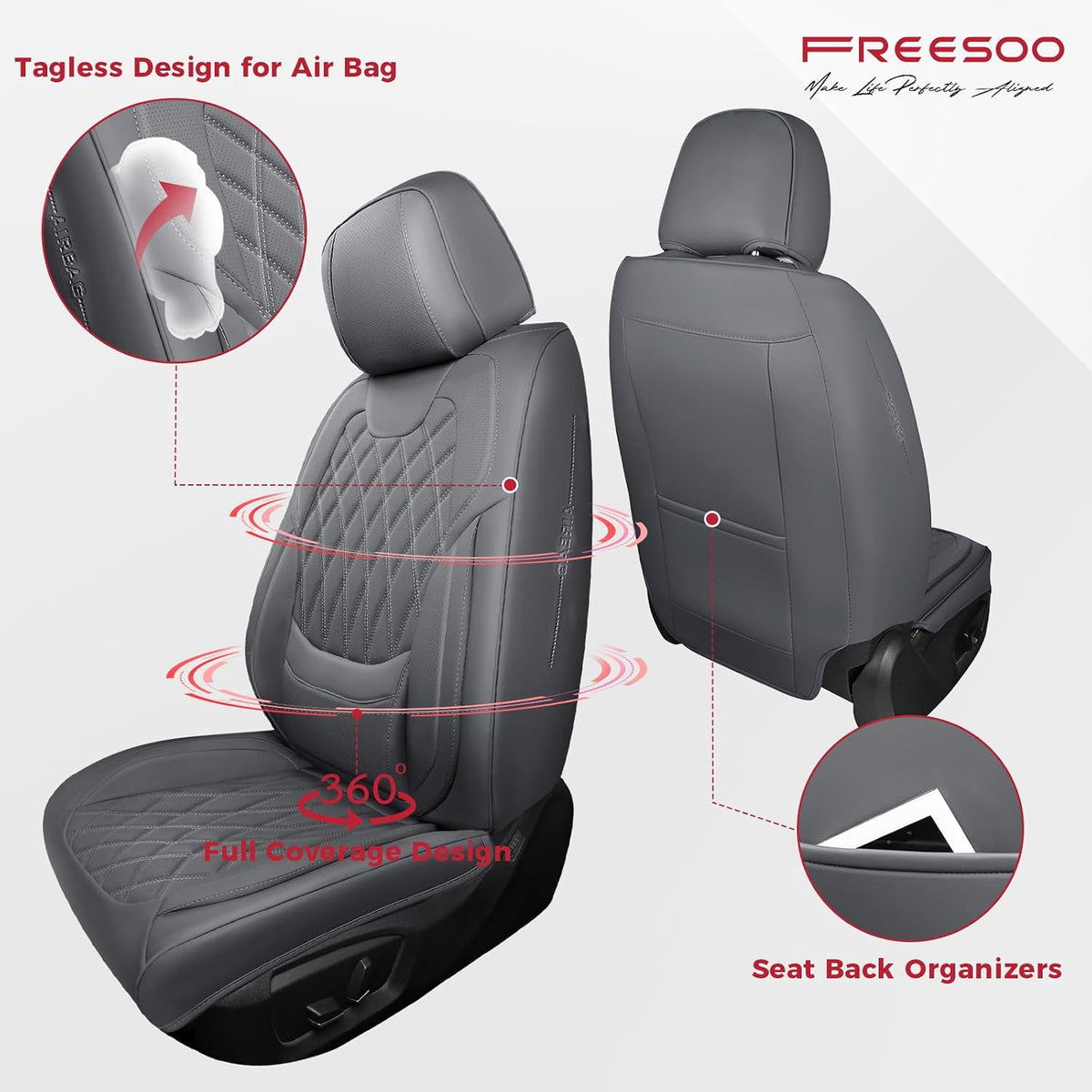 FREESOO Car Seat Covers Full Set Faux Leather Universal Fit Grey