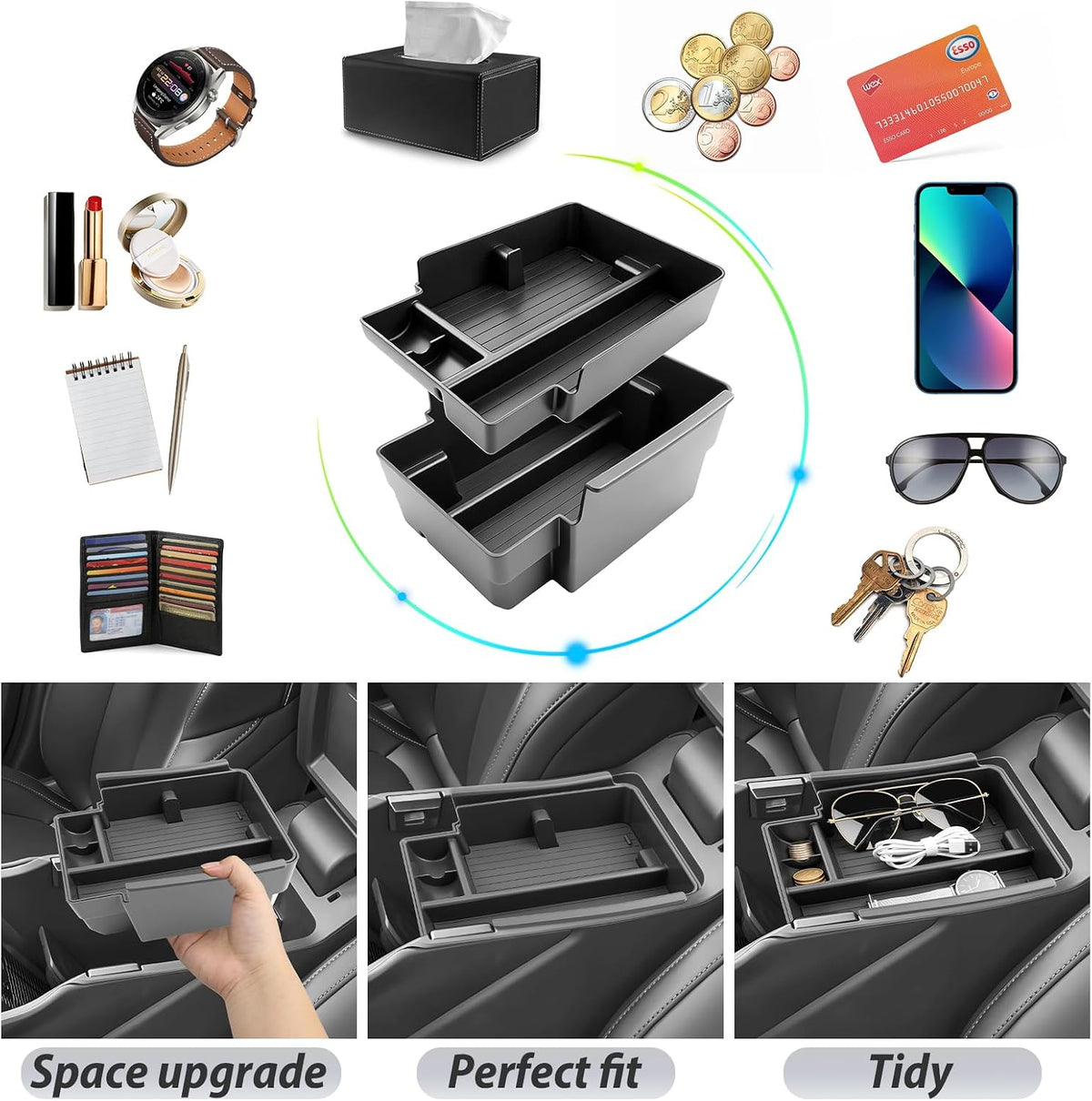 SKTU 2Pack for 2026 Jeep Cherokee Center Console Organizer 2026+ Cherokee (Base/Laredo/Limited/Overland) Double Layers Console Tray Jeep Cherokee 2026 Accessories Tray with Sunglasses and Coin Holder