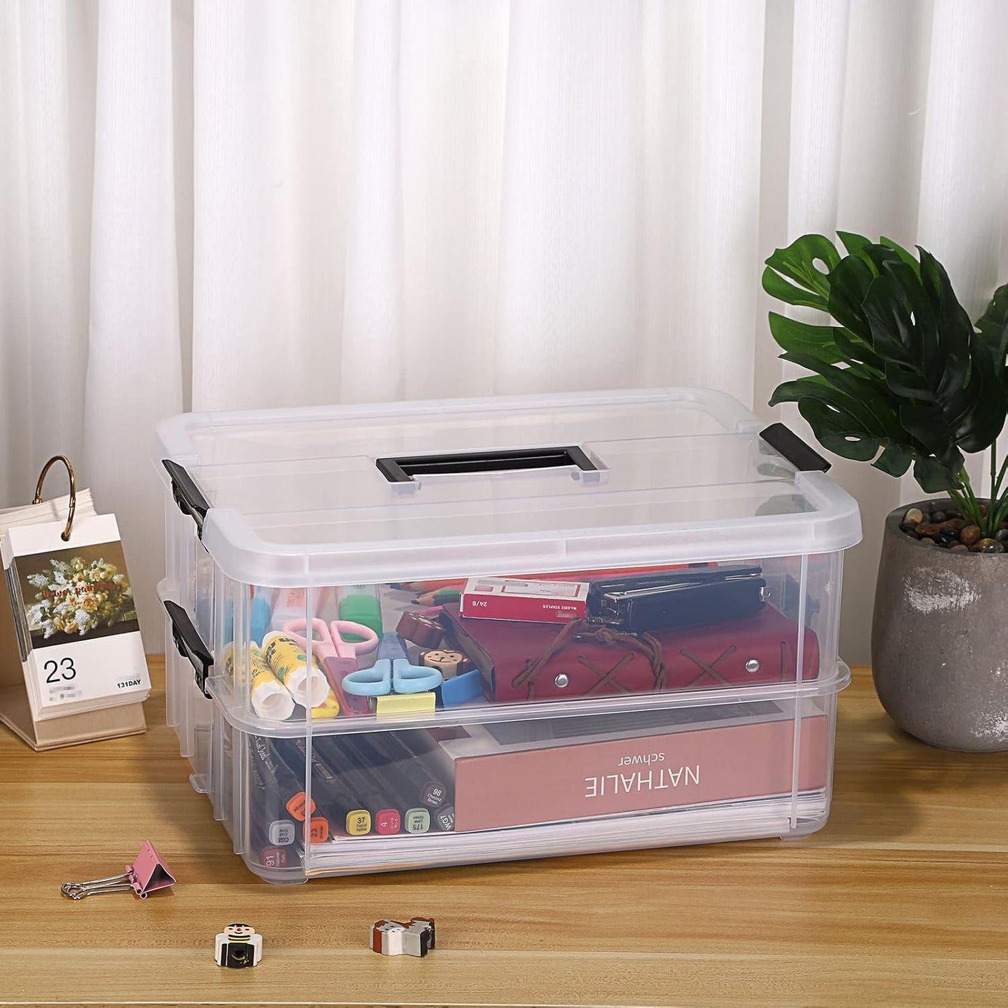 BTSKY 2 Layer Stack & Carry Box, Plastic Multipurpose Portable Storage Container Box Handled Organizer Storage Box for Organizing Stationery, Sewing, Art Craft, Jewelry and Beauty Supplies Black