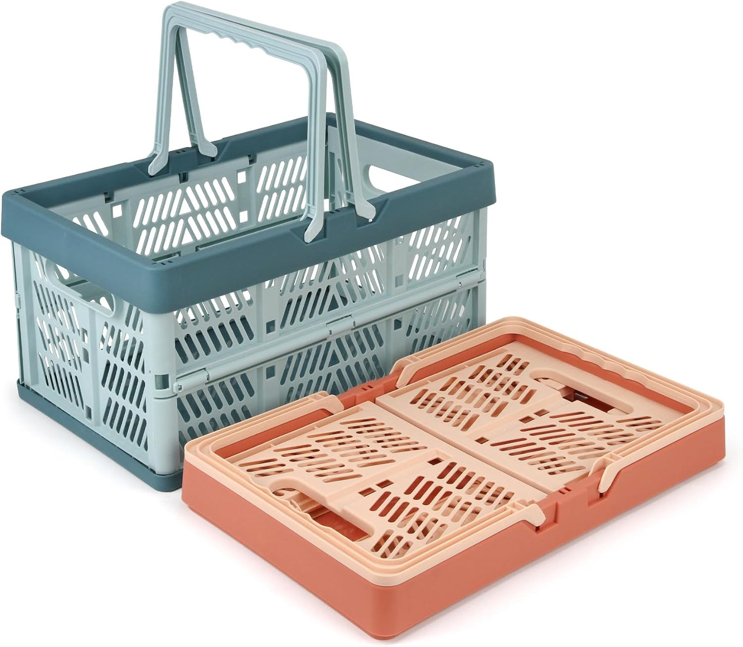 Domiella 2-Pack Foldable Storage Baskets, Collapsible PP Crates with Handles - 20L Capacity, Strong and Portable for Home Organization, Picnic and Shopping, Blue + Pink