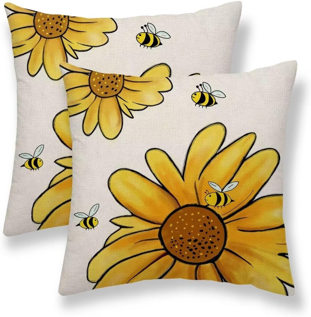 Summer Pillow Covers 18x18 Set of 2, Yellow Lemons Polka Dots Decorative Throw Pillow Cases Watercolor Summer Seasonal Linen Decorations for Home Bed Car Spring Decor