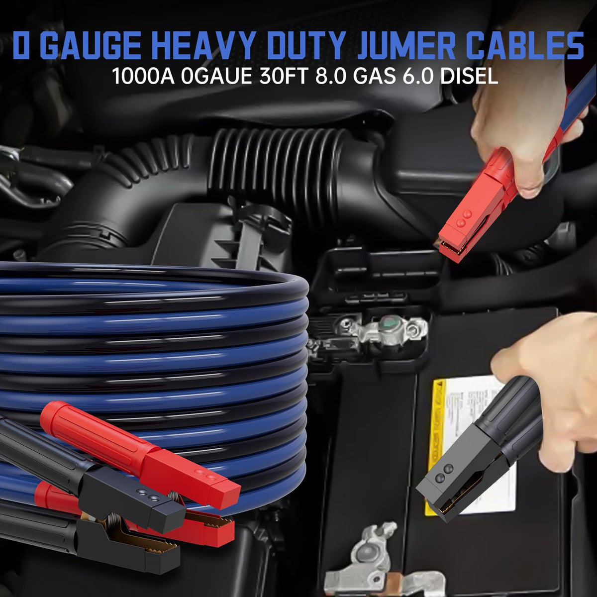 Heavy Duty Jumper Cables, 0 Gauge 30 Feet 1000AMP