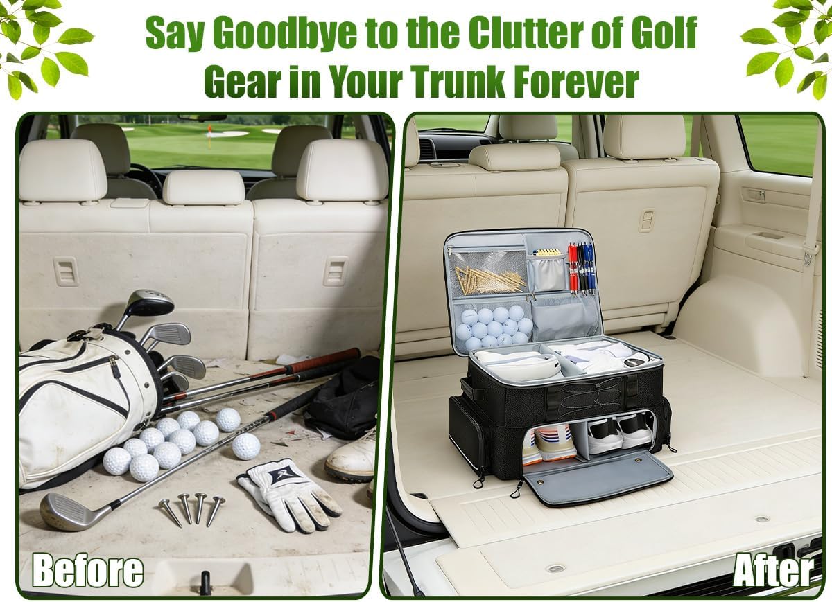 Golf Trunk Organizer, 2 Layer Car Golf Locker with Separate Ventilated Compartment for 2 Shoes, Golf Storage Bag for Golfs Balls, Tees, Glove, Accessories