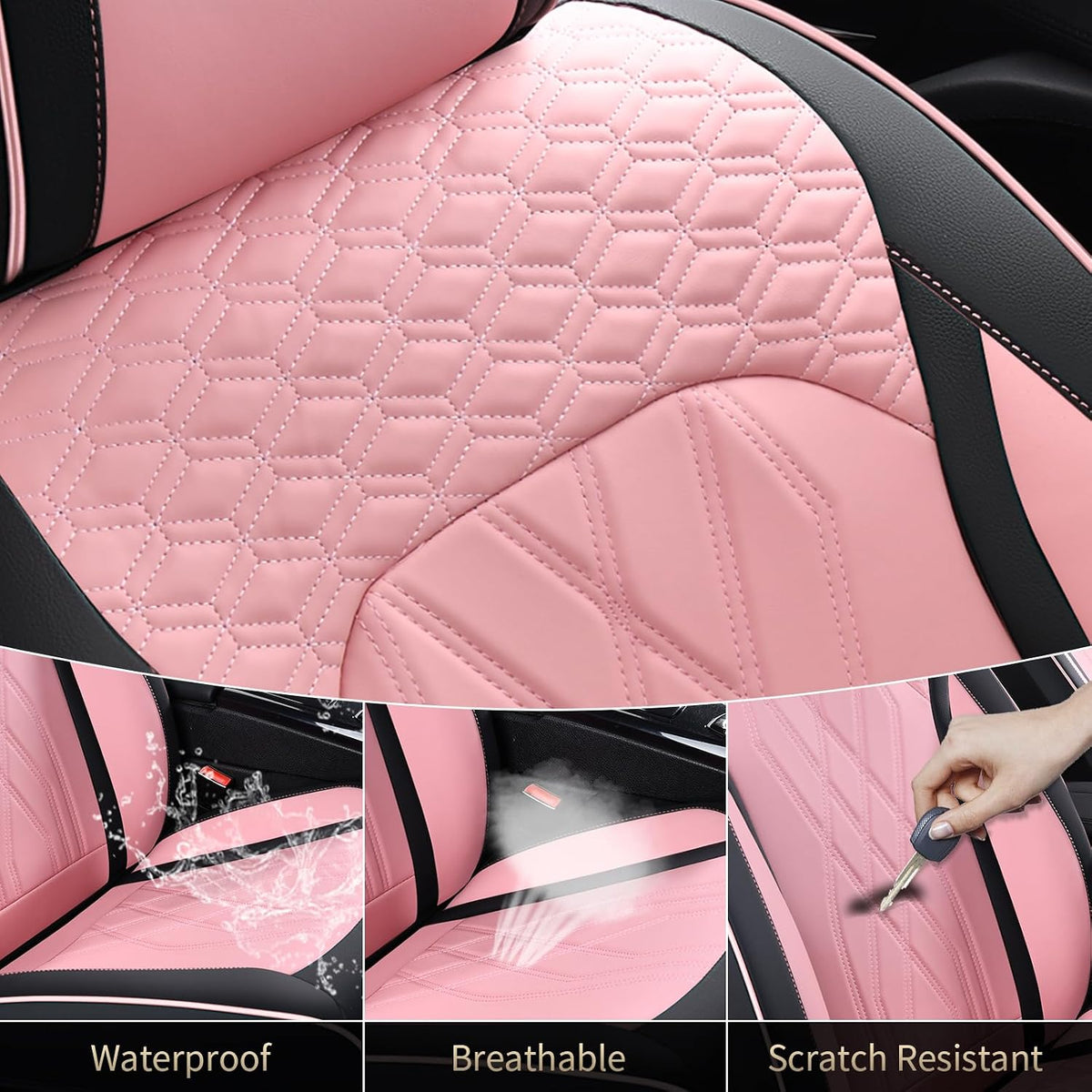 FLORICH Automotive Seat Covers Leather Pink Seat Covers for Cars Front Seats Waterproof Breathable Car Seat Cushion Comfort Interior Covers Universal Fit for Most Car Truck SUV Driving, Black&Pink