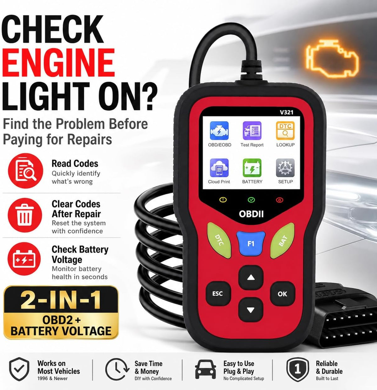 V321 OBD2 Scanner Diagnostic Tool - Erase Engine Light Code Scanner Tool with Reset, 30000+ DTC, Data Printed, Data Stream, I/M Readiness, Car & Truck Scan Tool for All Vehicles Since 1996