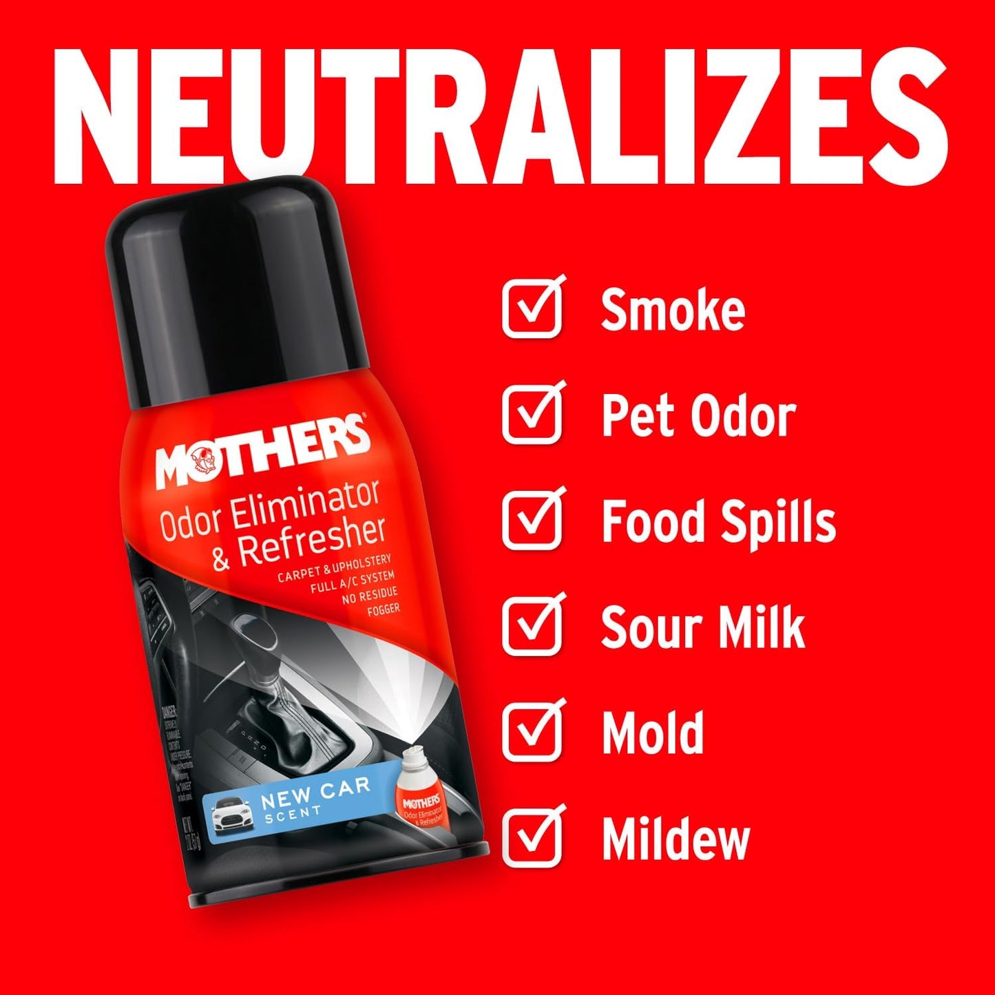 Mothers Odor Eliminator & Refresher, New Car Scent, 2 oz. Aerosol (06811) | Whole-Car Fogger Neutralizes Smoke, Pet, Food & Mildew Odors with CMM® Technology, Freshens Cabin & Vent Ducts