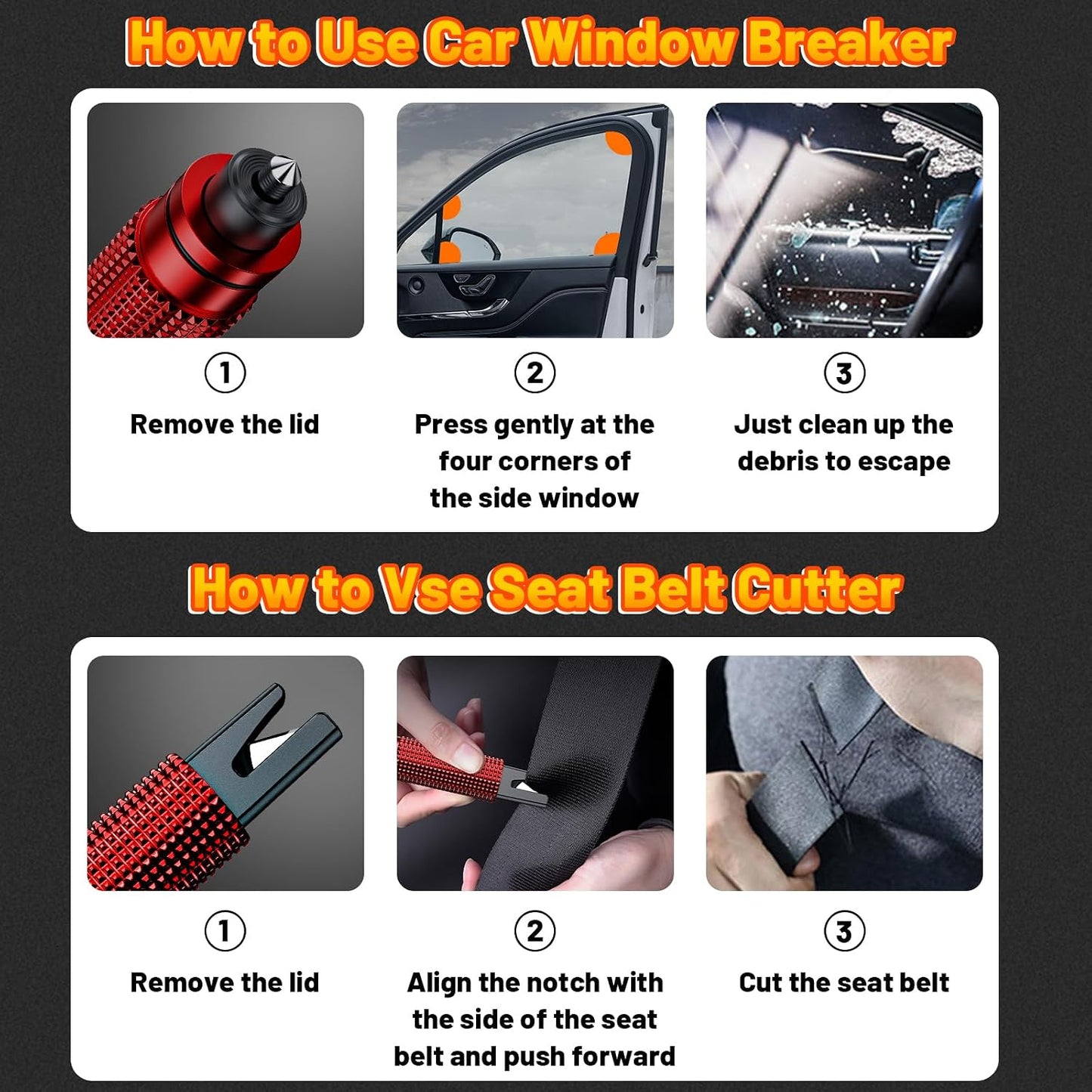 smosun Safehammer - Upgraded Safe Hammer Glass Breaker Under Water, Car Hammer Seatbelt Cutter Window Breaker Emergency Escape Tool, Safehammer Glass Breaker for New Cars (3PCS Red & Black & Silver)
