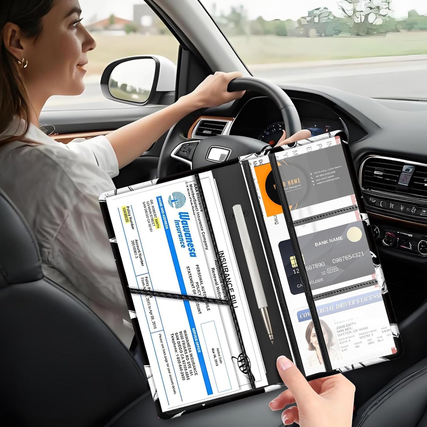 Car Registration and Insurance Holder with Magnetic Shut, Cute Vehicle Glove Box Car Organizer, Premium Interior Car Accessories for Women Men Black White Bats