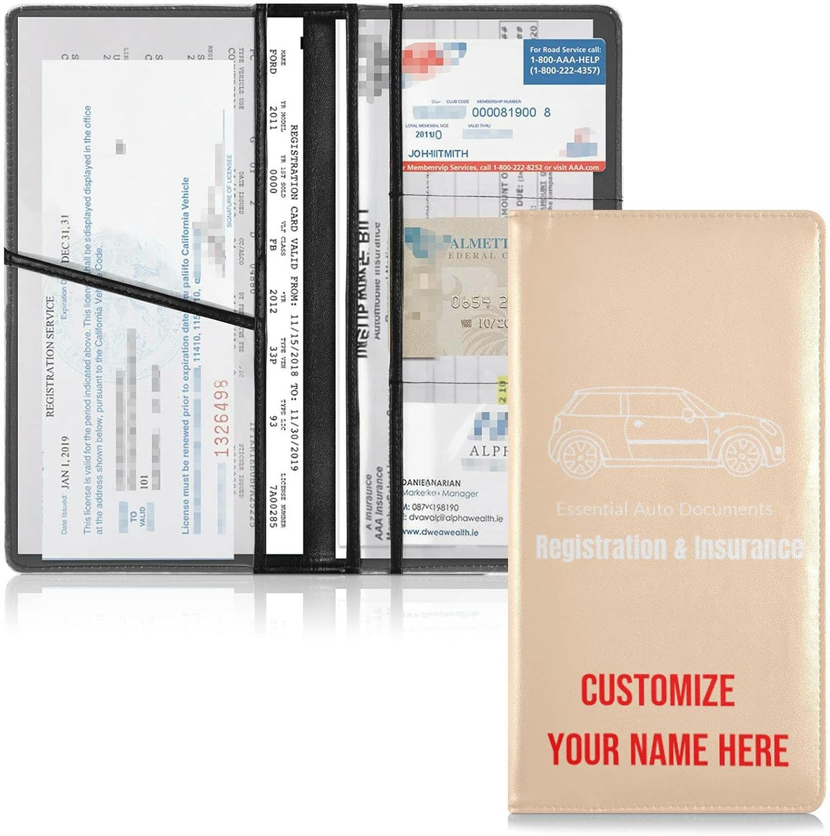 Custom Car Registration and Insurance Card Holder Personalized Leather Glove Box Organize Men Women Wallet Accessories Case for Cards, Essential Document Driver License Peach